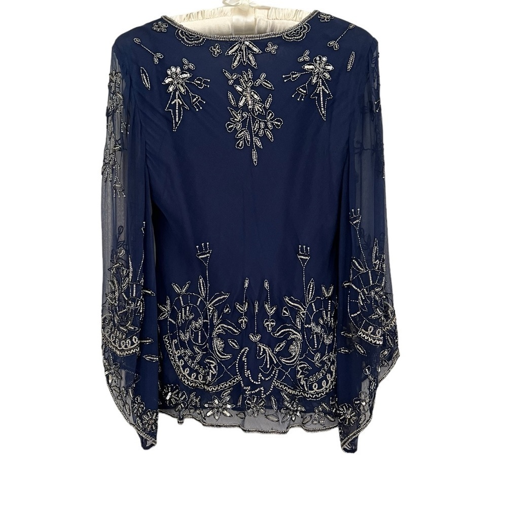 Draper’s & Damon’s Vintage Navy Blue Sheer Flowy Top Bell Sleeve Size Petite 8 - Picture 2 of 7